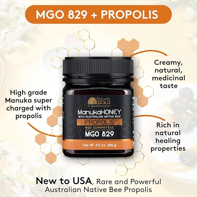 Nature’s Gold Raw Manuka Honey with Australian Native Bee Propolis, MGO 829+ | 8.8oz (250g), 100% Pure Genuine Traceable Hive to Home