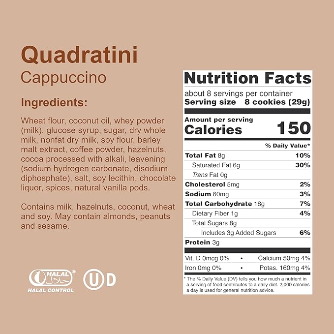 Loacker Quadratini Cappuccino Wafer Cookies LARGE - Premium Crispy Bite Size Wafers - 30% Less Sugar - NON-GMO - LARGE Pack of 6