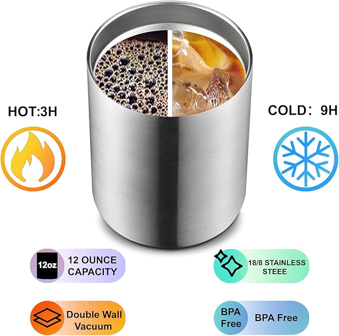 MEWAY 12 oz Lowball, Tumbler Stainless Steel Double Wall Vacuum Insulated Mug with Straw and Lid, Cleaning Brush ，Durable Powder Coated Insulated Coffee Cup for Cold & Hot Drinks (Silver, 1 Pack)