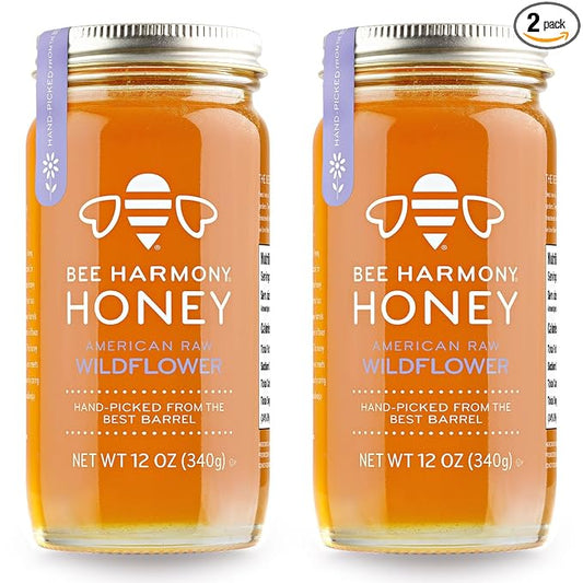 Bee Harmony American Raw Wildflower Honey, 12 OZ (Pack of 2 Jars)