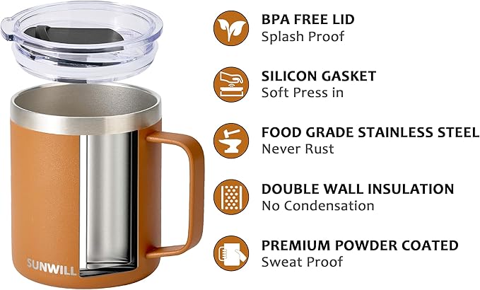 SUNWILL Insulated Coffee Mug with Lid, Travel Tumbler with Handle, 14 oz Stainless Steel Cup for Camping, Office, Home, Powder Coated Caramel