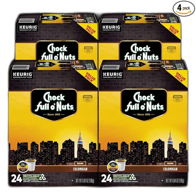 Chock Full o' Nuts Colombian Keurig K-Cup Pods for Keurig Brewers – Premium Arabica, Medium Roast – Single Serve – 4 Packs of 24 K-Cup Pods