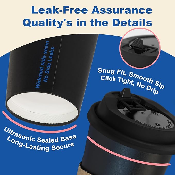 16 oz 500 Pack Coffee Cups with Lids and Sleeves, Straws, Hot Disposable To Go Travel Paper Cups Bulk for Office, Home Coffee Bar Accessories, Chocolate, Cocoa, Beverage (Black)