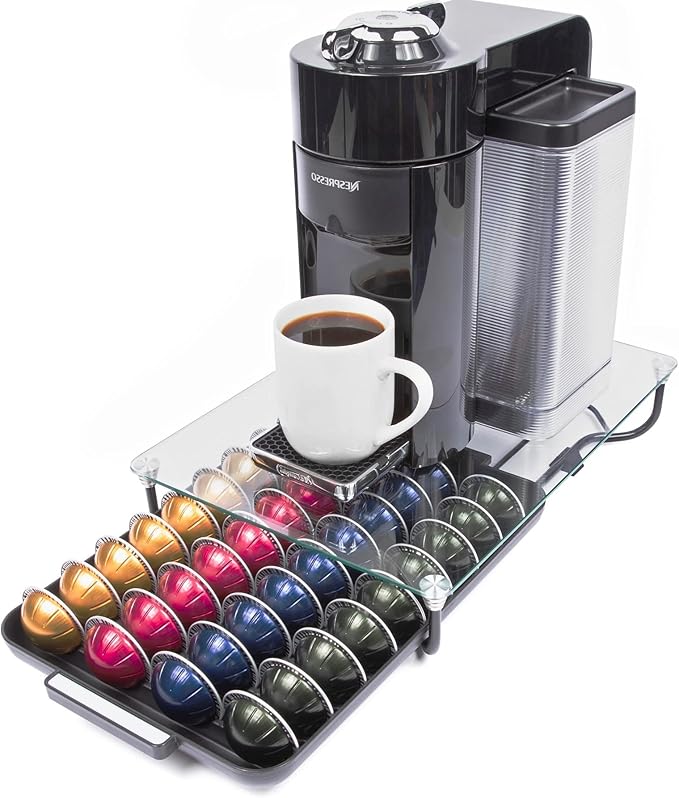 Nifty Solutions Glass Top Vertuoline Pod Capsule Drawer - Compatible with Nespresso Vetuo Pods, 40 Large or 52 Small Pod Capsule Holder
