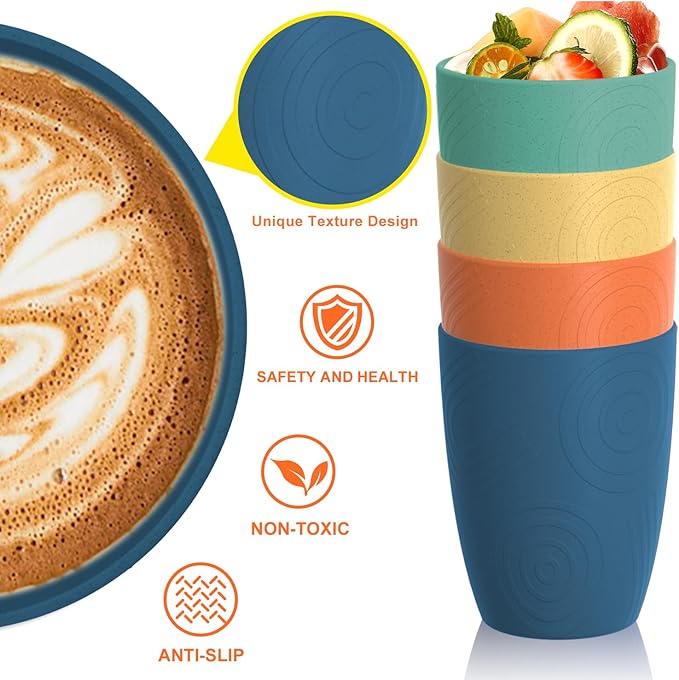 Homienly Wheat Straw Cups Alternative to Plastic Cups Set of 4 Premium Drinking Glasses - 12 OZ, Unbreakable Drinking Cups, Dishwasher & Microwave Safe Tumbler Cups for Kitchen, Kids, Picnic - Multi