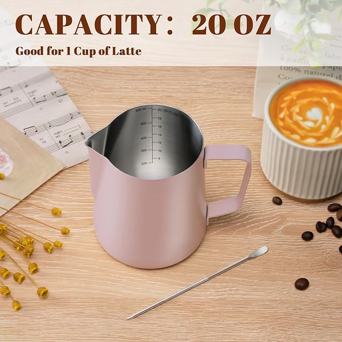 Milk Frothing Pitcher, 20 oz Milk Frother Cup with Clear Scale, 304 Stainless Steel Cappuccino Espresso Machine Accessories for Barista Coffee Bar with Latte Art Pen, Pink