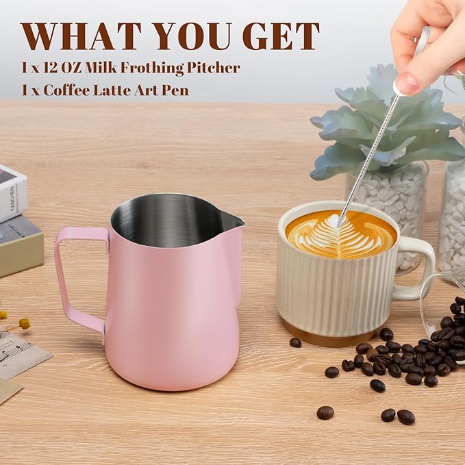 Milk Frothing Pitcher, 12 oz Milk Frother Cup with Clear Scale, 304 Stainless Steel Cappuccino Espresso Machine Accessories for Barista Coffee Bar with Latte Art Pen, Pink