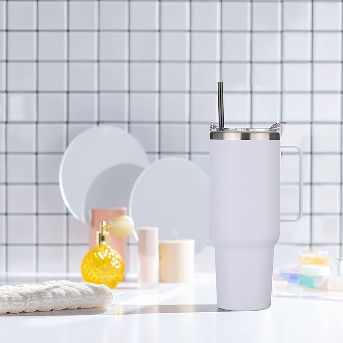 HASLE OUTFITTERS 40 oz Stainless Steel Tumbler with Handle, Vacuum Insulated Tumblers Bulk, Reusable Double Wall Travel Coffee Mug, Durable Powder Coated Water Bottles(White, 8)