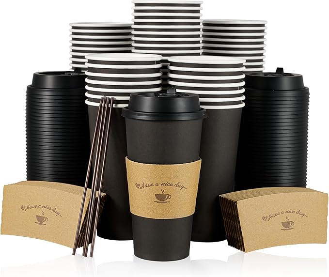 LITOPAK 50 Pack 20 oz Paper Coffee Cups for Hot Chocolate Drinks, Black Disposable Coffee Cups with Lids, Sleeves and Stirring Sticks for Parties, Picnic, Travel, and Events