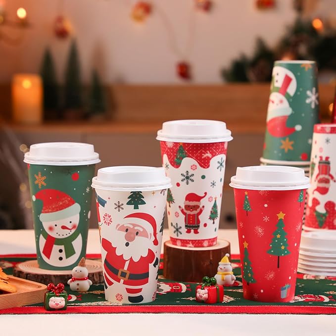 SIUQ 100 Pack 16 oz Christmas Disposable Coffee Cups with Lids, Thickened Christmas Paper Cups for Hot/Cold Beverage, Tea, Coffee, Hot Chocolate, Xmas Party Cups Ideal for Home, Cafes, Store, Holiday