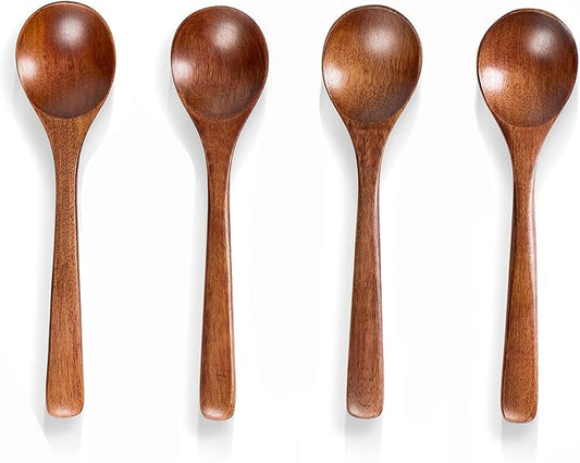 4 PCS Wooden Spoons for Eating, 7 inch Wooden Honey Spoons for Tea, Wood Teaspoons for Stirring Coffee, Hard Wood Table Spoon for Cooking, Small Serving Spoon for Soup, Desserts & Cereal