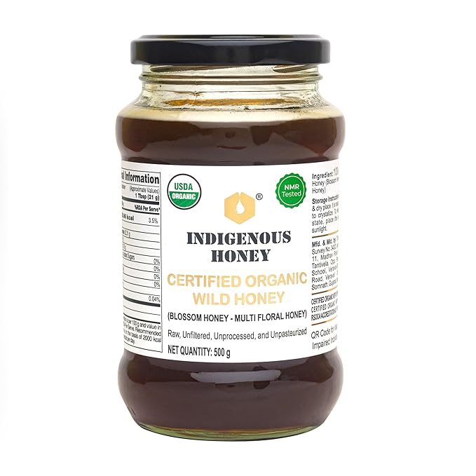 INDIGENOUS HONEY USDA Certified Organic Raw Unfiltered honey Pure Natural Wild Blossom Local from Beekeeper Unprocessed Real Glass Jar Pack of 1
