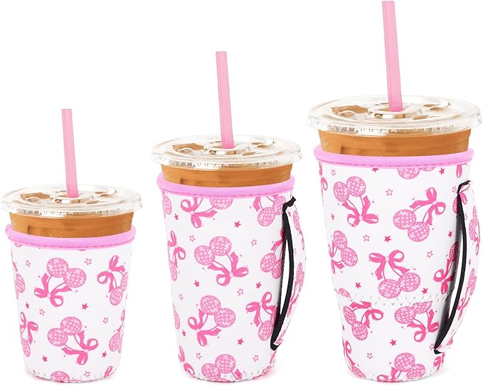 3 Pack Iced Coffee sleeve Insulated Neoprene Cup Sleeves with handle For Cold Drinks Beverages, Reusable Cup Holder for 16oz-32oz Coffee Cups (Disco Cherries)