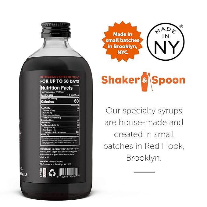 Shaker & Spoon Cherry Vanilla Coffee Syrup, 16oz Syrup for Drinks, Coffee Syrups, Cocktail Mixers, Mocktails, Non Alcoholic Drinks