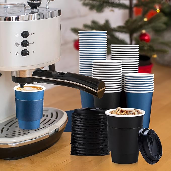 SIUQ 100 Pack 12 oz Coffee Cups with Lids, Disposable Paper Coffee Cups with Sleeves for Hot/Cold Drinks Parties, Picnic, Travel, and Events (Navy and Black)