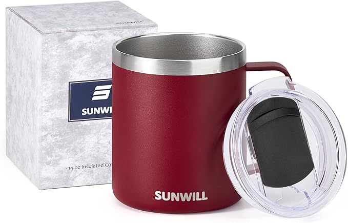 SUNWILL Travel Coffee Mug with Lid, Insulated Tumbler with Handle, 14 oz Stainless Steel Cup for Ice, Water, Tea, Powder Coated Wine Red