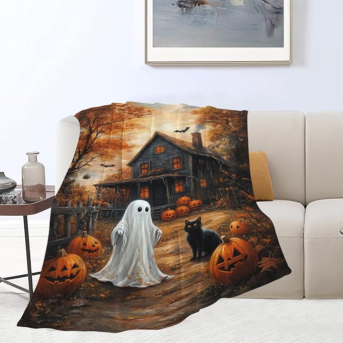 Halloween Blanket, Ghost Black Cat Fleece Flannel Throw Blanket, Pumpkin Soft Lightweight Stuff Throws Gifts for Women Men Boys Girls Lovers Adults Lovers Sofa Decor 80"x60"