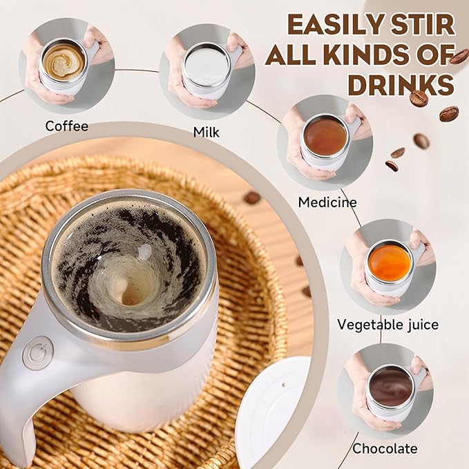 Automatic Magnetic Stirring Coffee Mug, Magnetic Stirring Cup Rotating Home Office Travel Mixing Cups,Stainless Steel Self Mixing Mug for Coffee/Milk/Tea/Hot Chocolat (White-Battery)