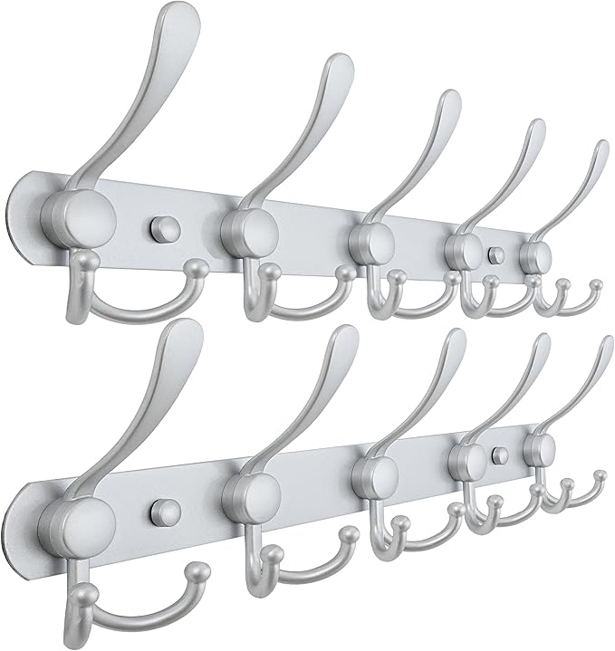 Dseap Coat Rack Wall Mounted - 5 Tri Hooks, Heavy Duty, Stainless Steel, Metal Coat Hook Rail for Coat Hat Towel Purse Robes Mudroom Bathroom Entryway (Silver, Pack of 2)