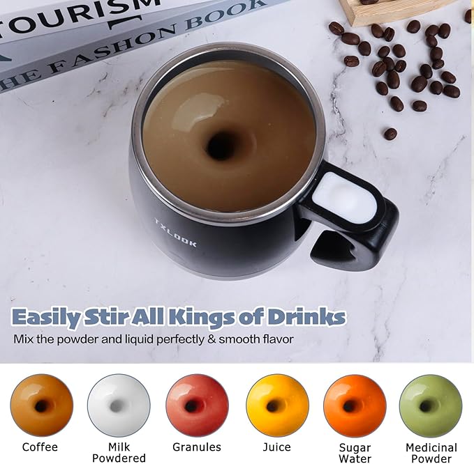 Self Stirring Mug, Rechargeable Automatic Magnetic Stirring Coffee Mug with Transparent Lid, Waterproof Stainless Steel Electric Mixing Cup, Can Stir Milk/Coffee/Cocoa Powder, Suitable for Office/Home