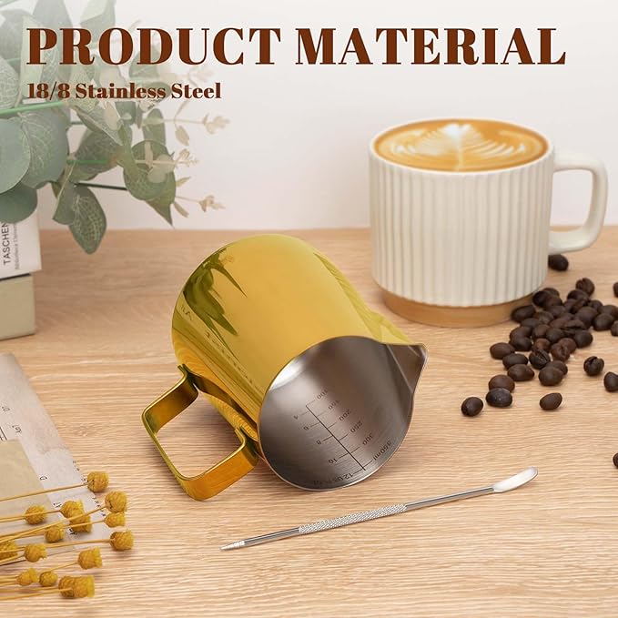 Milk Frothing Pitcher, 12 oz Milk Frother Cup with Clear Scale, 304 Stainless Steel Cappuccino Espresso Machine Accessories for Barista Coffee Bar with Latte Art Pen, Gold
