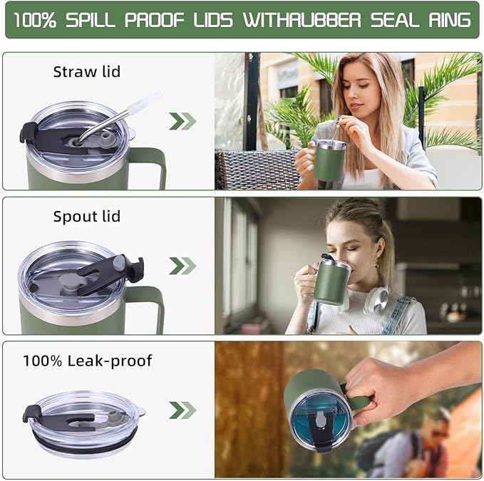 Volhoply 12oz Insulated Leakproof Coffee Mug with Flip & Straw Lid Bulk 4 Pack,Double Wall Vacuum Stainless Steel Travel Tumbler Cup with Handle,Camping Mugs Keep Cold/Hot(Army Green,4 Set)