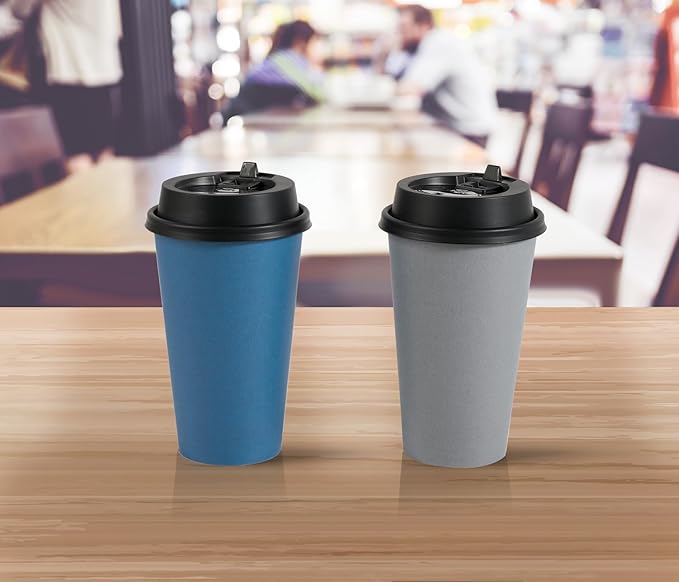 LITOPAK 100 Pack 16 oz Disposable Paper Coffee Cups with Lids for Coffee, Water, Juice, or Tea, Blue and Gray Hot Paper Cups for Home, Restaurant, Store, and Cafe