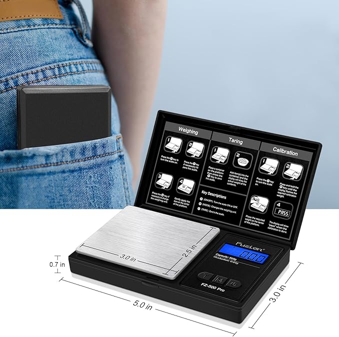Fuzion Gram Scale, Digital Pocket Scale .01 Gram Accuracy, 500g Mini Jewelry Scale, Small Scale for Food, Herb, Spice, Coin - Weight Gram and Oz - 100g Calibration Weight