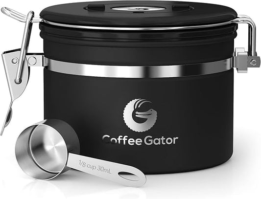 Coffee Gator Coffee Canister, 11oz Airtight Stainless Steel Kitchen Food Storage Container with Date Tracker, CO2-Release Valve and Scoop for Sugar, Beans, Tea, Sugar, Cereal, Cookies Jars - Black