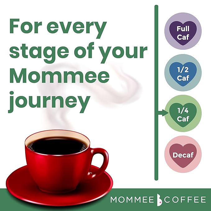 Mommee Coffee Quarter Caf Low Acid Whole Organic Coffee Beans - 100% Arabica Organic 1/4 Caff Coffee Beans with Smooth Caramel Flavor - Natural Process - Medium Roast - 11 oz