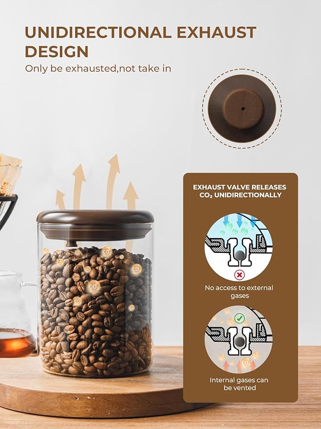 Borosilicate Glass Coffee Jar 600 ml – Pop Top Airtight Coffee Canister with CO2-Release Valve, 7 oz Coffee Container for Ground Coffee