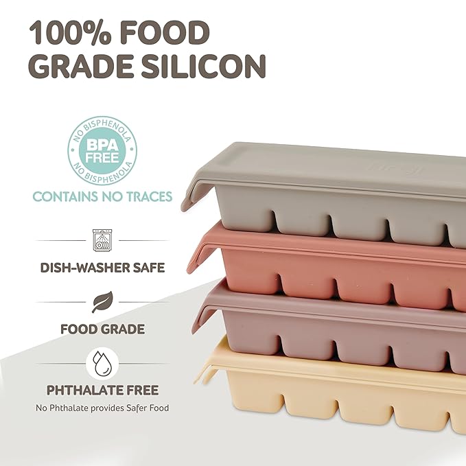 Silicone Ice Cube Freezer Tray with Lid, 100% Food-Grade Platinum Silicone,Leak Resistance & Dishwasher Safe for Baby Food Prep,Breast Milk,Purees - Korean Made (Brown 2-Pack 0.7 oz/12 Sections)
