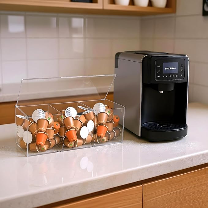 Acrylic Coffee Pod Holder with Lid for 24 Kcup, 3 Compartments Clear Coffee Capsule Storage Organizer for Bar Station Organizer