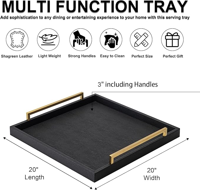 Extra Black Large Serving Tray with Handles for Ottoman,Versatile Shagreen Leather Square Ottoman Tray for Living Room