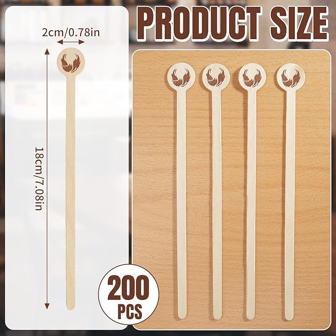 200Pcs Coffee Stirrers- 7.1 Inch Coffee Stir Sticks, Natural Wooden Coffee Stirrers With Round Ends, Disposable Biodegradable Cafe Grade Wood Beverage Mixer for Coffee Cocktails Milk Tea
