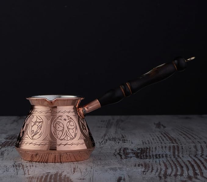 DEMMEX 15 Oz Thickest Copper Turkish Greek Arabic Coffee Pot, Stovetop Coffee Maker, Cezve Ibrik Briki with Wooden Handle & Spoon, Hand Engraved (Copper, 6 Servings)