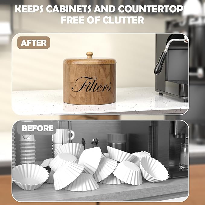 Coffee Filter Holder, Wooden Coffee Filter Storage with Lid, Round Coffee Filter Container for Counter, Rustic Coffee Bar Accessories Holder Decor (Natural)