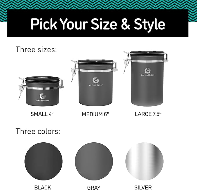 Coffee Gator Coffee Canister - 22oz, Airtight Stainless Steel Kitchen Food Storage Container with Date Tracker, Scoop for Grounds Coffee Bar Accessories, Beans, Tea, Sugar, Flour, Cereal - Silver