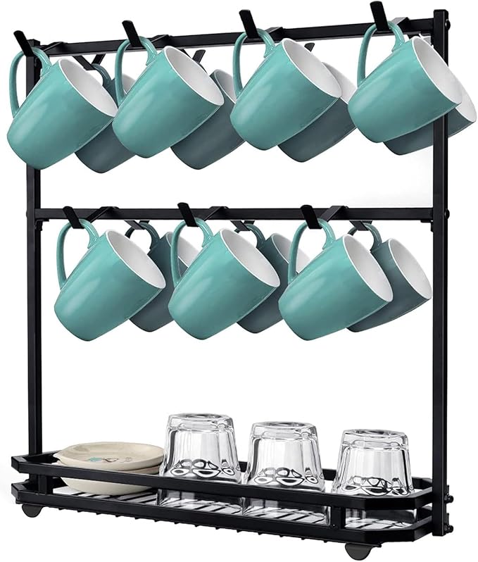 FANGSUN Large Coffee Mug Holder Stand Countertop, Tree Rack for 14 Mugs, 2 Tier Counter Display Storage, Metal Wire Tea Cup Holder for Coffee Station Kitchen Organizer, Not Included Mugs