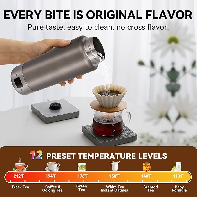 Pure Titanium Travel Kettle,Dual Voltage Portable Electric Kettle 110V-240V Smart Small Water Boiler for Tea & Coffee,12 Temperature Control,Auto Shut Off & Boil Dry Protection (Gray,380ML)