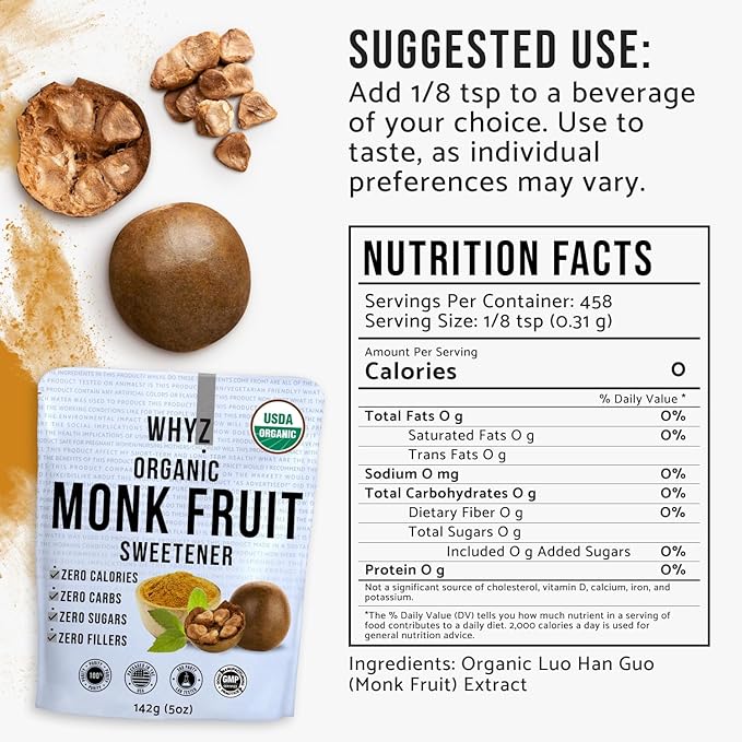 Organic Monk Fruit Extract, 5 oz, Pure Monk Fruit Sweetener Organic No Erythrytol and Zero Calorie, Sugar Substitute, Powdered Monkfruit Sweetener Keto and Paleo Diet Friendly, 458 Servings
