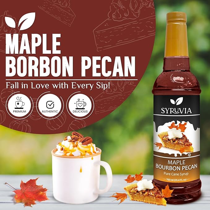 Syruvia Coffee Syrup, Maple Bourbon Pecan Flavored Syrup for Drinks, Lattes, and Desserts – 25.4 fl oz