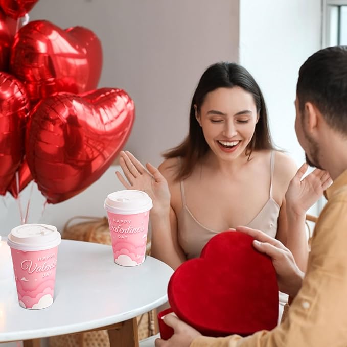 FOBSME 50 Pcs Valentine Disposable Coffee Cups With Lids 12oz Pink Cloud Heart Paper Cups Happy Valentine’s Day Drinking Cups for Wedding Anniversary Party Supplies