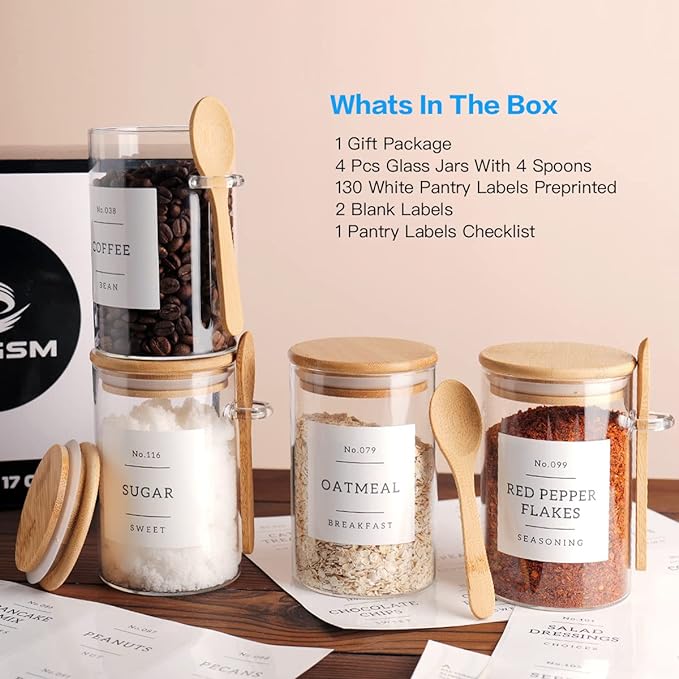 Glass Jar with Bamboo Lid and Spoon - 4 Pcs 17 oz Sugar Container with 132 Food Pantry Labels - Glass Containers with Wooden Lids Hold Coffee, Tea, Candy