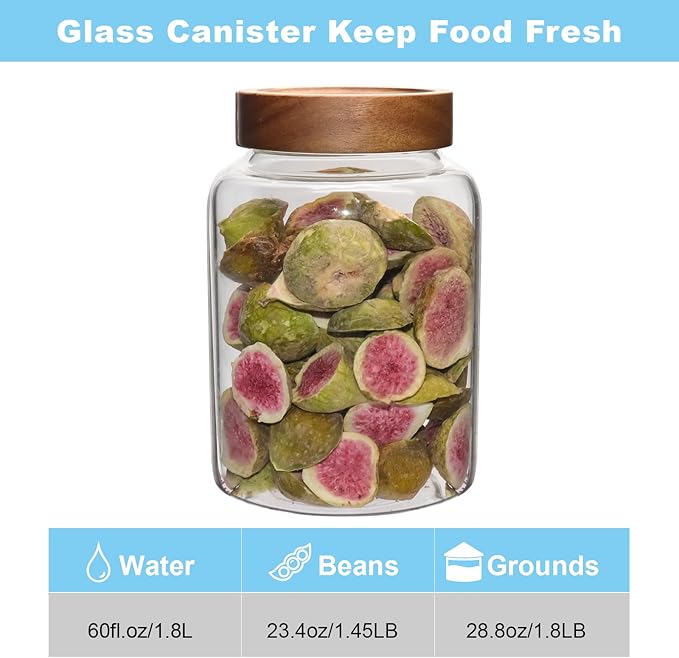 Glass Spice Jar Coffee Sugar Container Airtight Glass Jar Food Storage Canisters Bottle for Kitchen Seasoning Tea Herb Overnight Oats Bar Parfait Snacks (1800ml(60oz)-1 pack-no spoon)