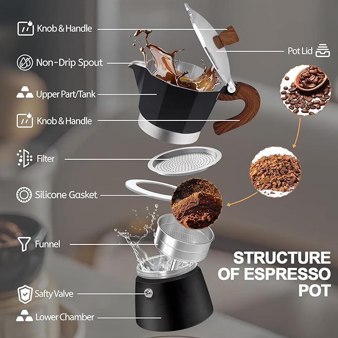 Aluminum 6 Cup 300ml Moka Pot Express Coffee Maker Stovetop Espresso Colorful Coffeemaker Italian Classic Style Brewing Greca Cafe Mocha Machine for Cafeteras Lover Camping Travel and Home Use 10oz