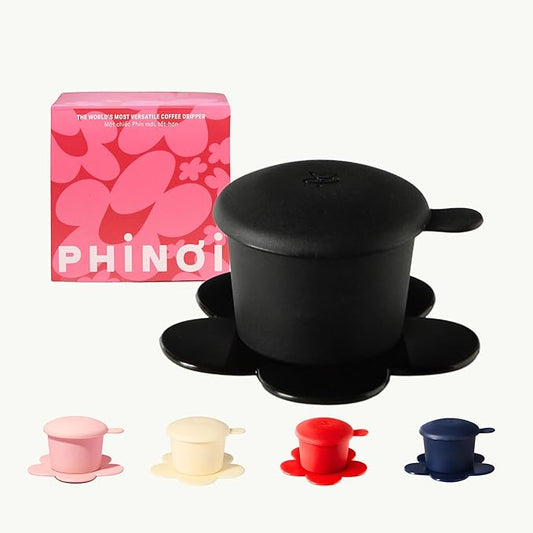 PHINOI Pour Over Coffee Dripper - Vietnamese Phin Filter – Single Cup Coffee Maker 1-2 Cup with Flower Design – Plastic Reusable Coffee Filter for Manual Brewing, Travel Friendly (Black)