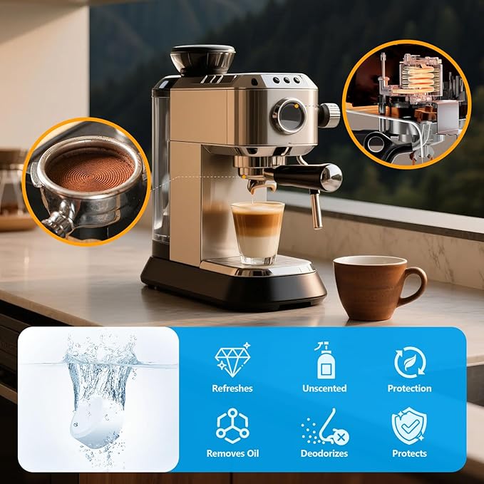 USKICH Coffee Machine Cleaner Descaler Tablets Kit Compatible 12 Espresso Machine Tablet and 1 Reusable Rinse Pods- 48 Cleaning Tablets and 6 Water Filters-3 in 1 Cup Lid Gap Cleaning Brush