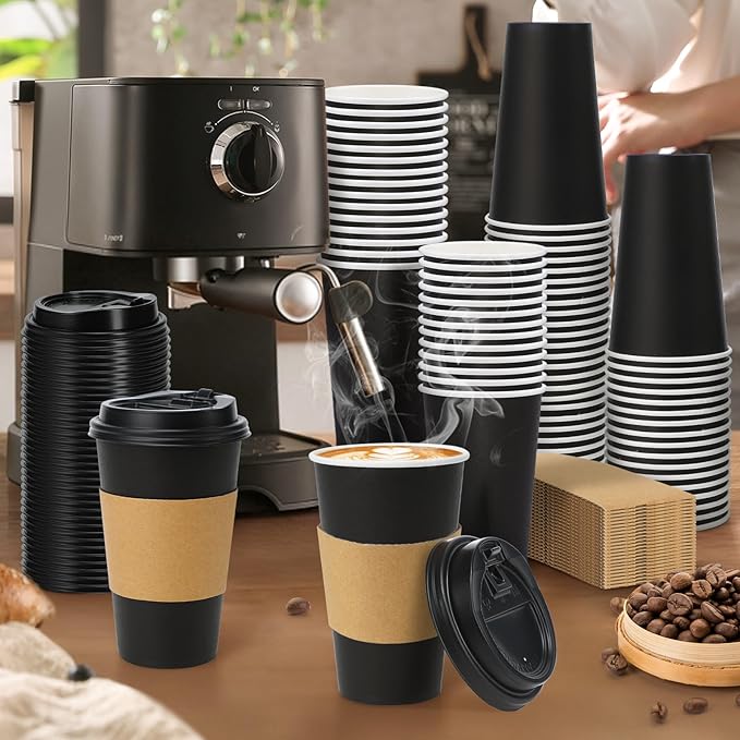 Lamosi 500 Pack 16 oz Disposable Coffee Cups with Lids and Sleeves, Black Leak-Proof To Go Coffee Cups with Lids, Hot/Cold Beverage Black Drinking Cup for Home, Office, Parties, Travel