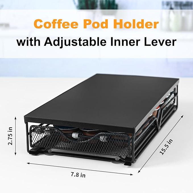 Coffee Pod Holder is Pull-Out and has an Adjustable Lever, K Cup Holder, Coffee Pod Organizer, Making It Easy to Store, Made of Black Metal
